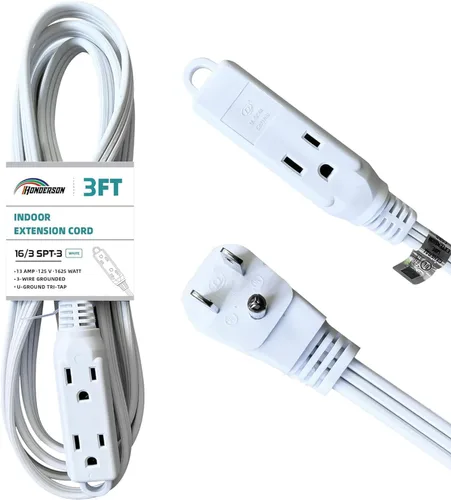 Vista 12 de Cable de extensión de enchufe plano de 3 tomas, certificado UL, cable de extensión para interiores de 16 calibre 1 pie negro de 3 puntas, tira