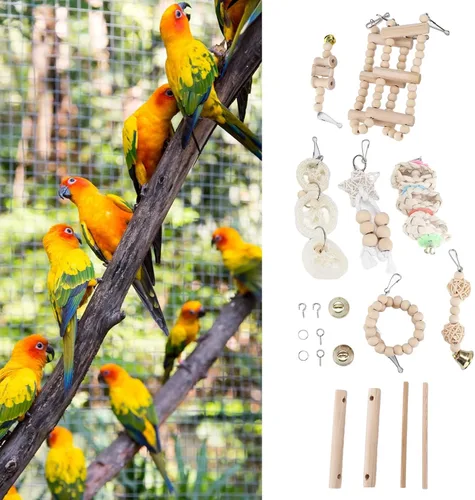 Vista 3 de 8 Pcs Toys Set for Active Birds Chewing and Climbing Fun Natural Wood for Parakeets Conures Macaws and Lovebirds
