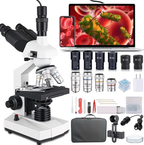 Vista 8 de Microscopio Trinocular Compuesto, aumento 40X-5000X, microscopio profesional de grado de investigación con cámara USB y plataforma mecánica