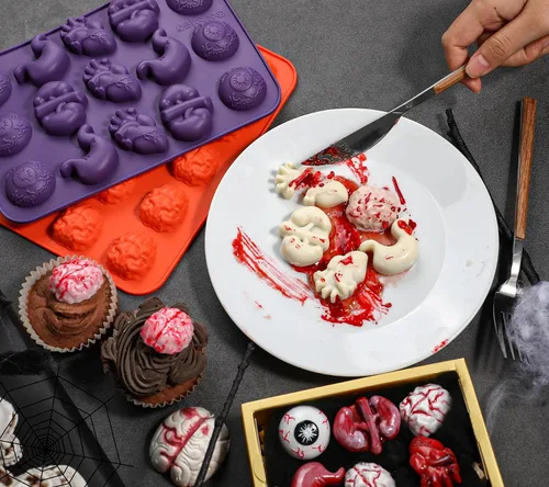 Vista 6 de Moldes de Chocolate de Halloween Kamehame, Molde de Silicona en Forma de Cerebro, Molde de Órgano de 15 Cavidades con Forma de Cerebro, Ojo