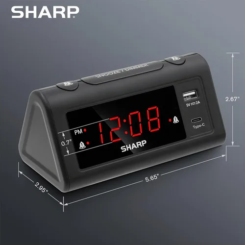 Vista 6 de Reloj de Alarma Sharp para Dormitorios, Carga USB-C Super Rápida y Carga USB de 2 Amperios Rápida, 2 Alarmas, Atenuador de 3 Pasos, Función Reposo
