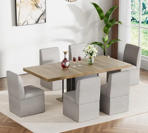 Vista 15 de Juego de mesa de comedor extensible para mesa de cocina extensible de 4, 5 piezas y 4 sillas de almacenamiento ocultas de lino tapizadas de madera
