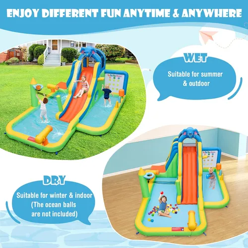 Vista 4 de HONEY JOY Tobogán acuático inflable, tobogán acuático de elefante 9 en 1 para patio trasero de niños, piscina de chapoteo, punta de tac, pared