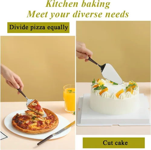 Vista 6 de Evanda Juego de cuchillos y servidores para tartas de boda, mango marrón y cabeza plateada brillante para tartas para todos los días, bodas