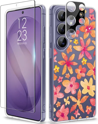 Vista 60 de GVIEWIN Funda protectora para Samsung Galaxy S25, transparente floral, delgada, a prueba de golpes, para mujer, no se pone amarilla, con protector
