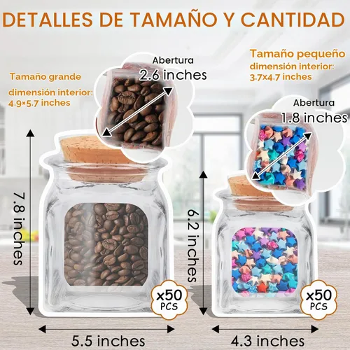 Vista 2 de 100 piezas de bolsas para botellas de tarro de albañil, 2 tamaños de bolsas reutilizables decorativas para aperitivos, bolsas de almacenamiento