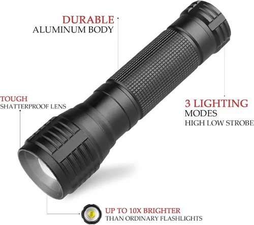 Vista 4 de Linterna LED de 3000 lúmenes, luz de flash zoomable, 3 modos, resistente al agua, linterna de mano, paquete de 2