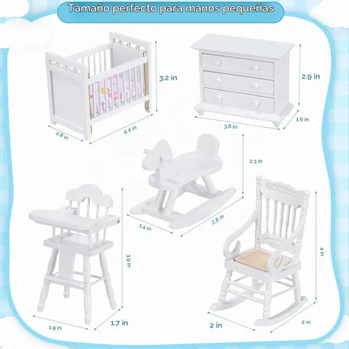 Vista 3 de Silipull Juego de 5 piezas de muebles de madera para casa de muñecas escala 1:12, miniatura, muebles de dormitorio de madera, accesorios de casa