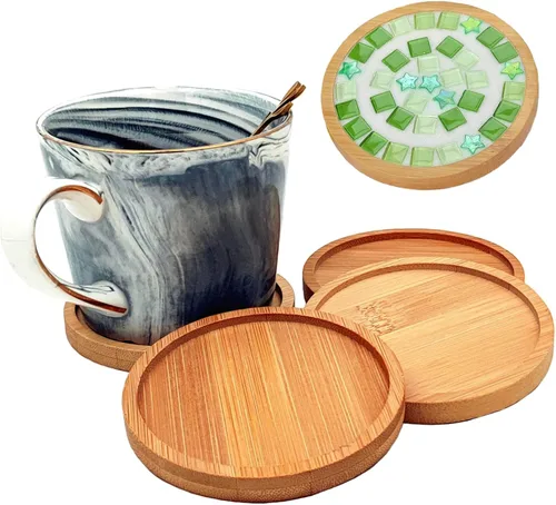 Vista 21 de 4 posavasos de bambú de mosaico para manualidades, bandejas de base en blanco, posavasos para beber, posavasos para plantas, placa de arte