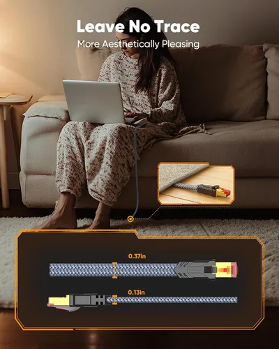 Vista 5 de Snowkids Cable Ethernet Cat 8 de 1.5 pies, cable plano de alta velocidad, 40Gbps, 2000Mhz, cable Ethernet de alta resistencia trenzado de larga