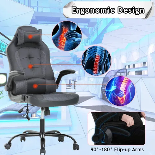 Vista 4 de Silla de oficina ergonómica de piel sintética con reposacabezas y reposacabezas para juegos de masaje, silla de oficina de carreras de PC, silla Gris