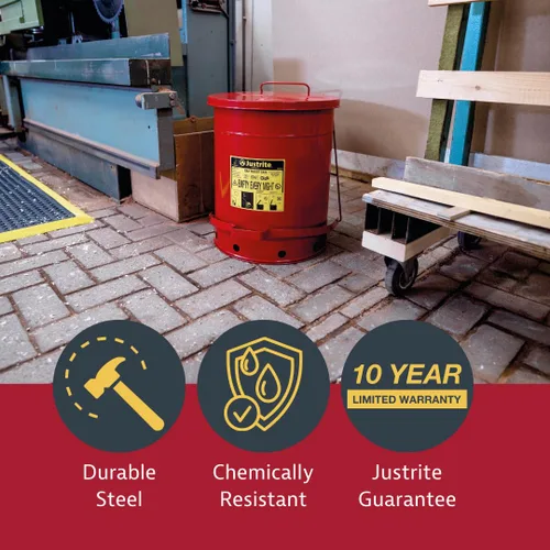 Vista 3 de Justrite Recipiente para desechos aceitosos de acero galvanizado de 10 galones, recipiente de seguridad metálico para trapos con aceite de 18 x 14