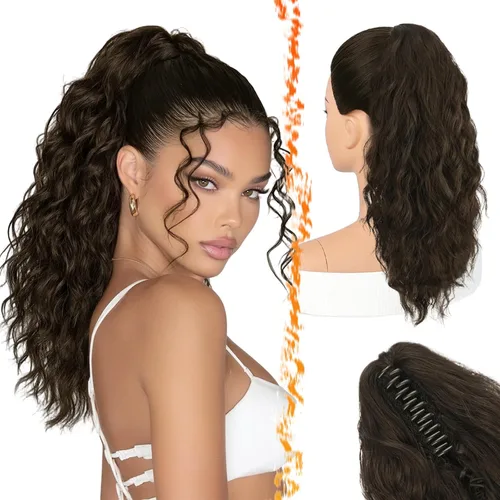 Vista 23 de BARSDAR Extensión de Cola de Caballo Marrón - Extensiones de Cola de Caballo con Pinza de 18 Pulgadas para Mujeres - Extensiones de Cabello Mezcla