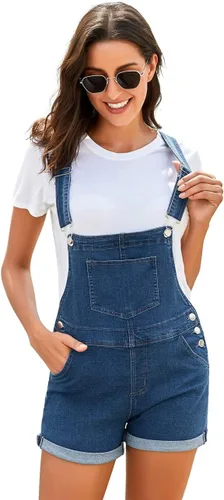 Vista 4 de Vetinee - Overol corto clásico de mezclilla con tirantes ajustables para mujer, con dobladillo con puño