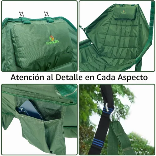 Vista 3 de Tranquillo Silla hamaca colgante, silla columpio de patio, silla columpio al aire libre con reposacabezas, reposabrazos, portavasos, columpios