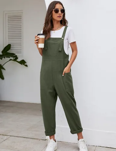 Vista 2 de Flygo Overol casual de algodón para mujer, pierna ancha, ajuste holgado, con bolsillos, Verde Armada (ArmyGreen)