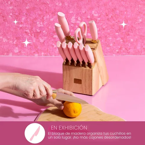 Vista 4 de Paris Hilton Juego de 12 cuchillos con bloque, cuchillería de acero inoxidable de alto carbono, cuchillas de precisión y mangos ergonómicos, rosa