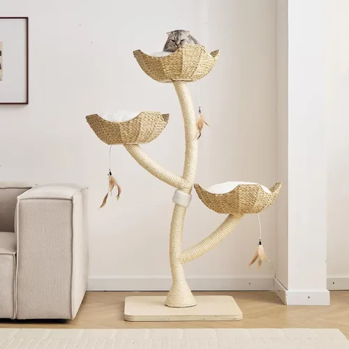 Vista 10 de Torre de árbol gris moderno de 52 pulgadas de alto para gatos grandes, postes rascadores para gatos con cestas tejidas a mano Condominio de lujo