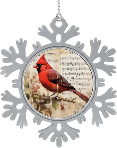 Vista 14 de El cardenal rojo se sienta en una rama de pino en el invierno, adornos de Navidad de copo de nieve de metal, patrón de pájaro cardenal, regalo