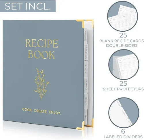 Vista 4 de Carpeta estética de recetas de 8.5 x 11 pulgadas con cubierta impermeable, el libro de recetas perfecto con fundas de plástico para escribir tus