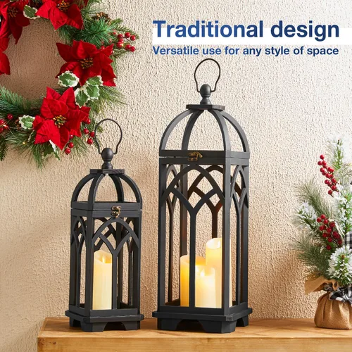 Vista 2 de Glitzhome Faroles decorativos de madera para velas, faroles con marco de madera para ventana de iglesia, para boda, chimenea, entrada, hogar, patio