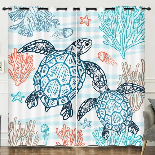Vista 6 de HOSIMA Cortinas de tortuga marina, cortinas con temática de animales costeros azules para niñas, sala de estar, dormitorio, decoración de baño, 2
