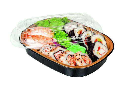 Vista 2 de Durable Packaging recipiente de plástico para plato principal con tapa de cúpula, tamaño grande, S, Negro y Dorado, 100