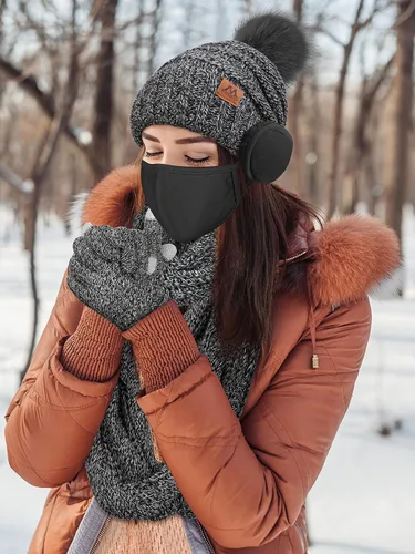 Vista 7 de Motarto Conjunto cálido de invierno, gorro de punto, bufanda y guantes calentadores de oídos, para hombres y mujeres, cubierta cálida para clima frío