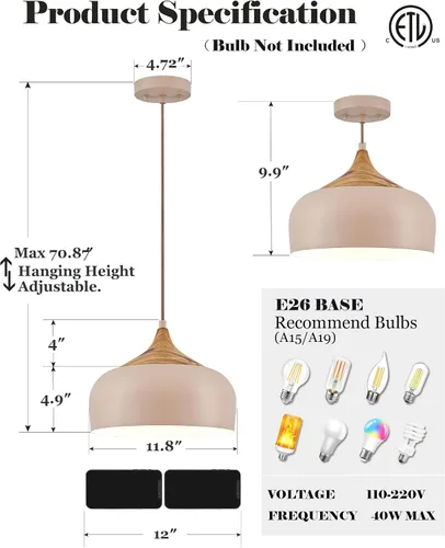 Vista 5 de ELYONA Lámpara colgante japonesa moderna de 12 pulgadas para isla de cocina, lámpara colgante de granja con pantalla de metal de grano de madera