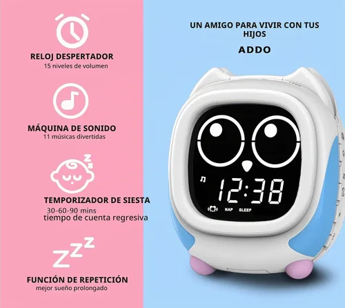 Vista 4 de iTOMA Owl - Reloj de entrenamiento para dormir y despertar para niños, con luz nocturna, ruido blanco, Bluetooth y alarma