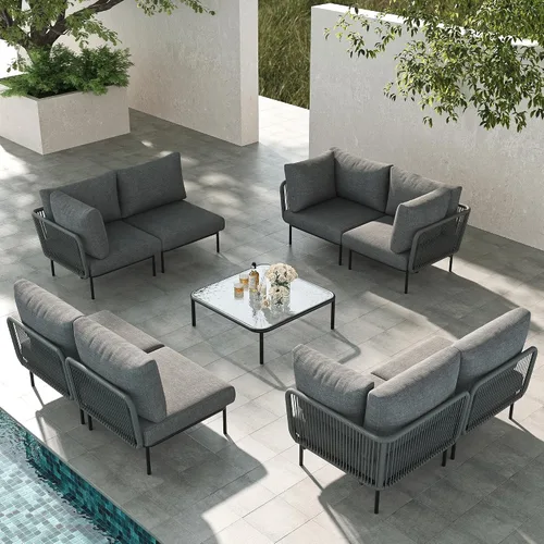 Vista 21 de LayinSun Juego de muebles de patio de aluminio de 7 piezas, sofá modular moderno con mesa auxiliar y cojín de grosor mejorado Gris claro