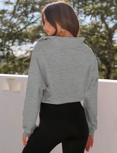 Vista 3 de MEROKEETY Sudadera corta con cremallera de un cuarto para mujer, manga larga, cuello alto, con cordón