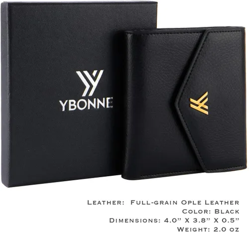 Vista 6 de YBONNE Cartera delgada para mujer, con bloqueo RFID, de piel auténtica, pequeña, compacta, plegable, mini, con bolsillo tipo sobre, tarjetero, Negro