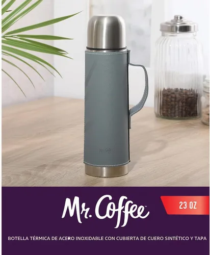 Vista 2 de Mr. Coffee Leatherette - Botella térmica de acero inoxidable de 23 oz - Frasco con aislamiento de doble pared con funda de cuero sintético y asa