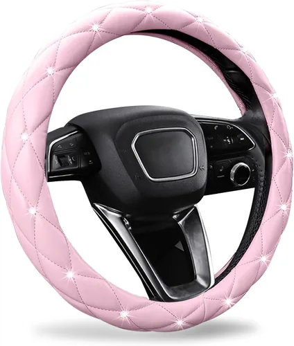 Vista 14 de SuperKaKa Funda para volante negra y roja, accesorios de interior de automóvil de estilo diamante con brillo lindo y cómodo, protector brillante que