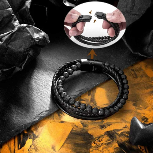 Vista 5 de Speroto - Pulsera para hombre de cuero trenzado con cuentas de lava y ónix