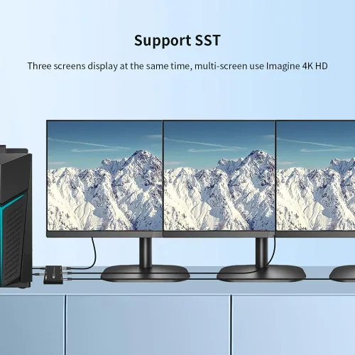 Vista 9 de Divisor DisplayPort 8k 1 en 3 Salida 8K @30Hz 4K @120Hz DP 1.4 Splitter Triple MST SST Hub Adaptador 1x3 Puerto para 1 DisplayPort Ultra HD Fuente a