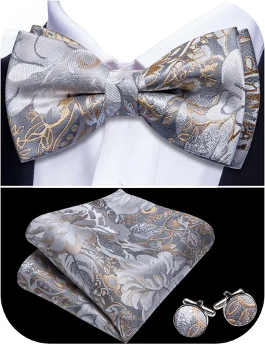 Vista 6 de Barry.Wang Pajarita de Rayas Paisley para Hombre de Seda Preatada Pañuelo de Bolsillo Gemelos Juego Formal Boda Fiesta Graduación