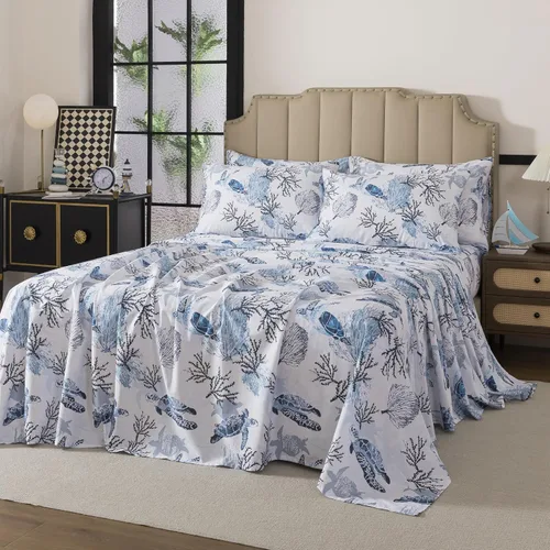 Vista 10 de FADFAY Juego de sábanas Queen con temática de playa, 100% algodón, ropa de cama costera súper suave, ropa de cama náutica de conchas marinas y Aqua