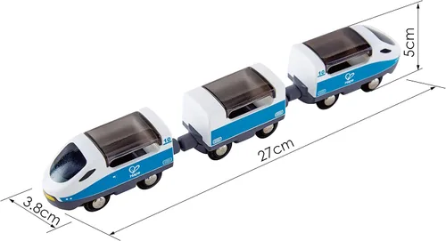 Vista 5 de Hape E3728 - Juguete de tren interurbano, juego de juguetes de tren para niños con accesorios, 3 carros magnéticos de apertura/cerrar, figuras