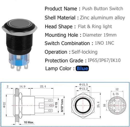 Vista 2 de Interruptor de botón de enclavamiento de 0.748 pulgadas, interruptor SPDT de encendido/apagado, impermeable, de metal negro, anillo LED de 12V