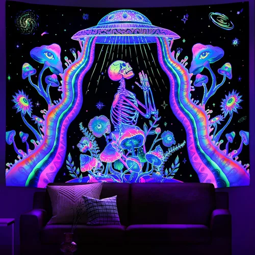 Vista 2 de Galoker Tapiz de esqueleto de luz negra, tapiz floral de plantas de fantasía, tapiz reactivo a los rayos UV, tapiz OVNI extraterrestre galaxia