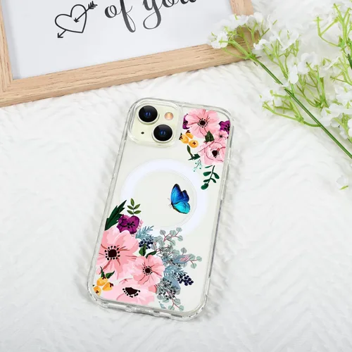 Vista 7 de Funda magnética de flores para iPhone 15 [compatible con MagSafe] Bonito patrón floral transparente a prueba de golpes