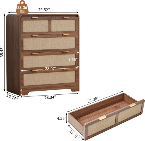 Vista 2 de Cómoda moderna de mediados de siglo para dormitorio con 4 cajones, cómoda de 35 pulgadas de alto con lino natural, cómoda de madera curvada