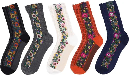 Vista 3 de Calcetines de algodón Crew para mujer, estilo vintage, pack de 5 pares, talla única