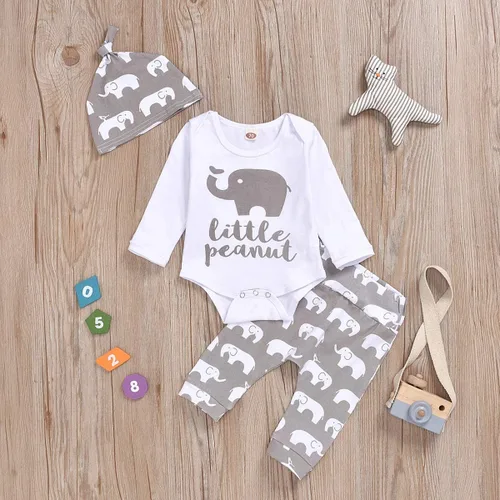 Vista 2 de Conjunto de ropa para bebés recién nacidos, mameluco, pantalones, sombrero, 3 piezas