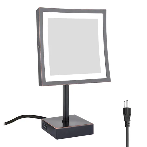 Vista 8 de DOWRY Espejo cuadrado de maquillaje con aumento de 5 luces LED de mesa con enchufe de 8 pulgadas, acabado dorado pulido