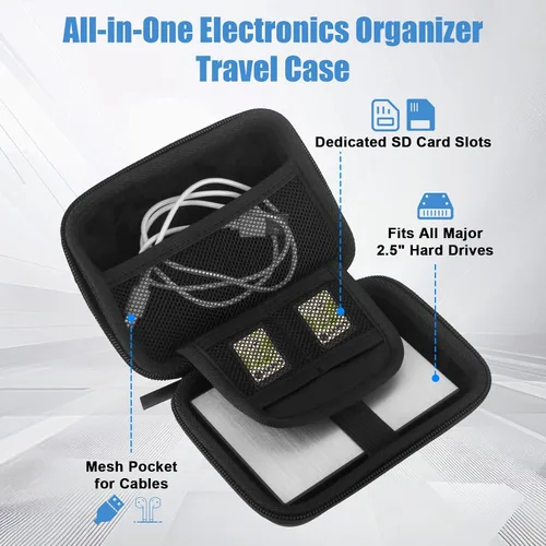 Vista 4 de Funda de disco duro externo, funda protectora de EVA a prueba de golpes para almacenamiento USB SSD, pasaporte, organizador electrónico de viaje