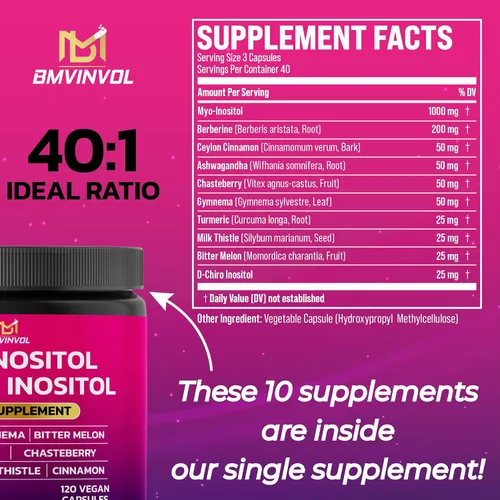 Vista 2 de BMVINVOL Suplemento de inositol - Myo-inositol y D-Chiro Inositol Ideal 40:1 Proporción - Más Berberina, Canela, Ashwagandha + 5 Más - 120 Cápsulas
