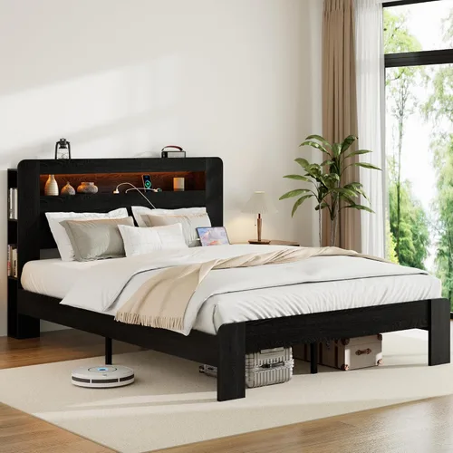 Vista 3 de Marco de cama matrimonial con almacenamiento de cabecero, marco de cama de plataforma de madera con estantería y estantes, estación de carga y luces